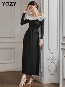 YOZY Contrast Mesh Ruffle Trim Off Shoulder A-Line Dress/ Elegant Fashion Tight Long Sleeve Dresses, 2024 Women's Spring & Fall Outfits for Party, Holiday, Wedding Guest