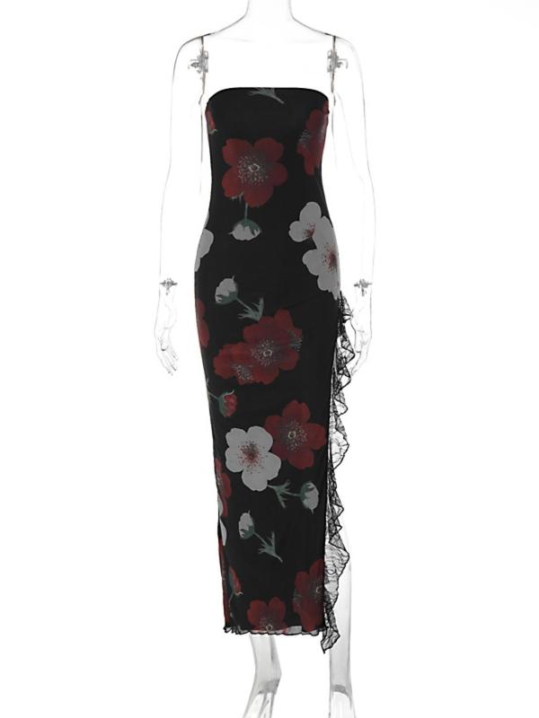 Women's Floral Print Contrast Lace Split Thigh Bodycon Tube Dress, Elegant Fashion Backless Long Dress for Party Club Dating Wear, Women Dress for Summer 4