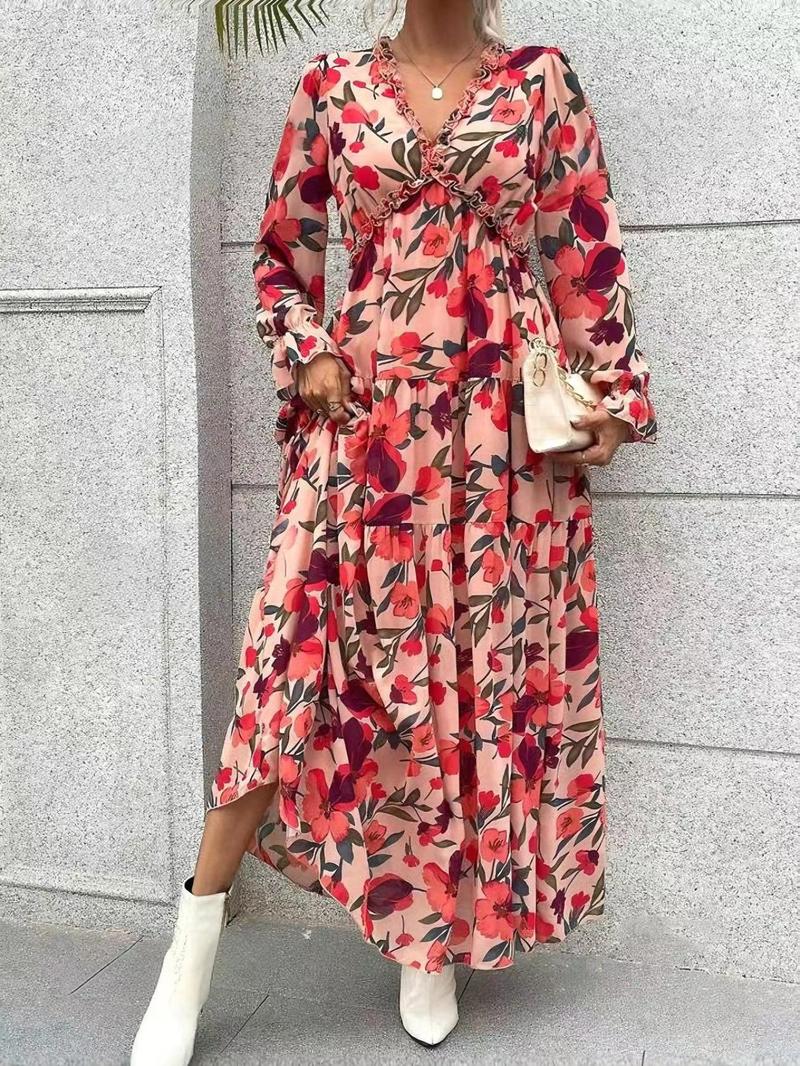 Product Introduction of Plus Size Floral Print Frill Chiffon Dress, Boho Elegant Ruffle Hem Flounce Sleeve A Line Dress for Holiday Vacation, Dresses for Women, Women's Clothes for All Seasons, Ditsy Floral Dress 3