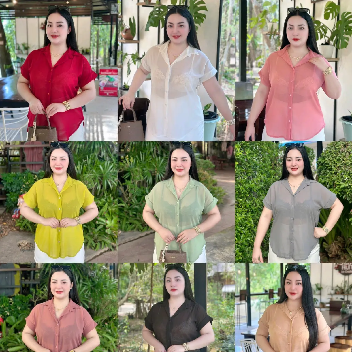 เสื้อเชิ้ตชีฟองรุ่นFenora อก:38-46"  ใส่ได้ค่ะ ยาว28" ใหม่พร้อมส่ง [รหัส:F12] Women ผู้หญิง Clothing ชีฟองแขนสั้น