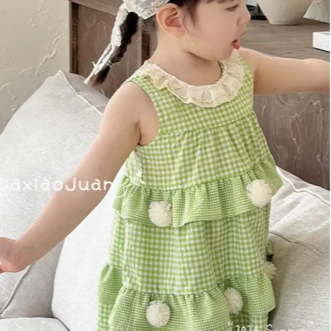 E408 Đầm công chúa sát nách xanh cổ phối ren trắng gắn bông siêu xinh chất thô mềm cho bé gái đi học đi chơi, đi đám cưới | EMBESTIHON 3