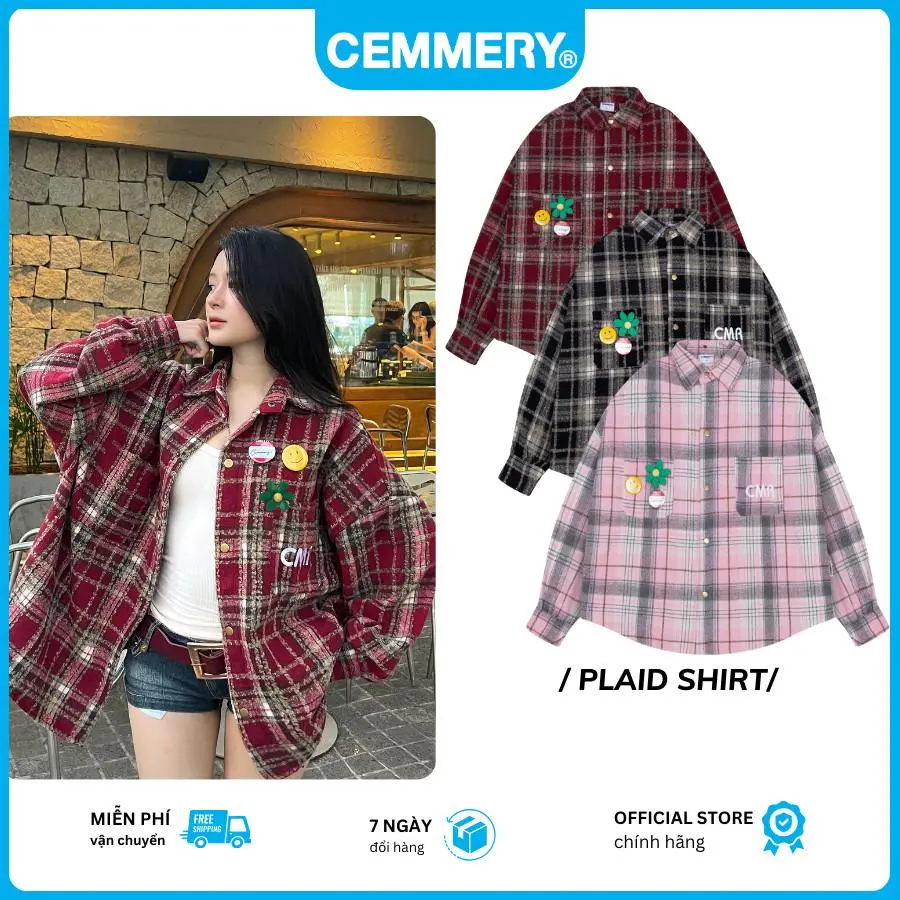 Áo Sơ Mi Flannel CEMMERY Local Brand Chính Hãng Plaid Shirt Tay Dài Dạ Unisex Nam Nữ  Có Cổ 3 Màu