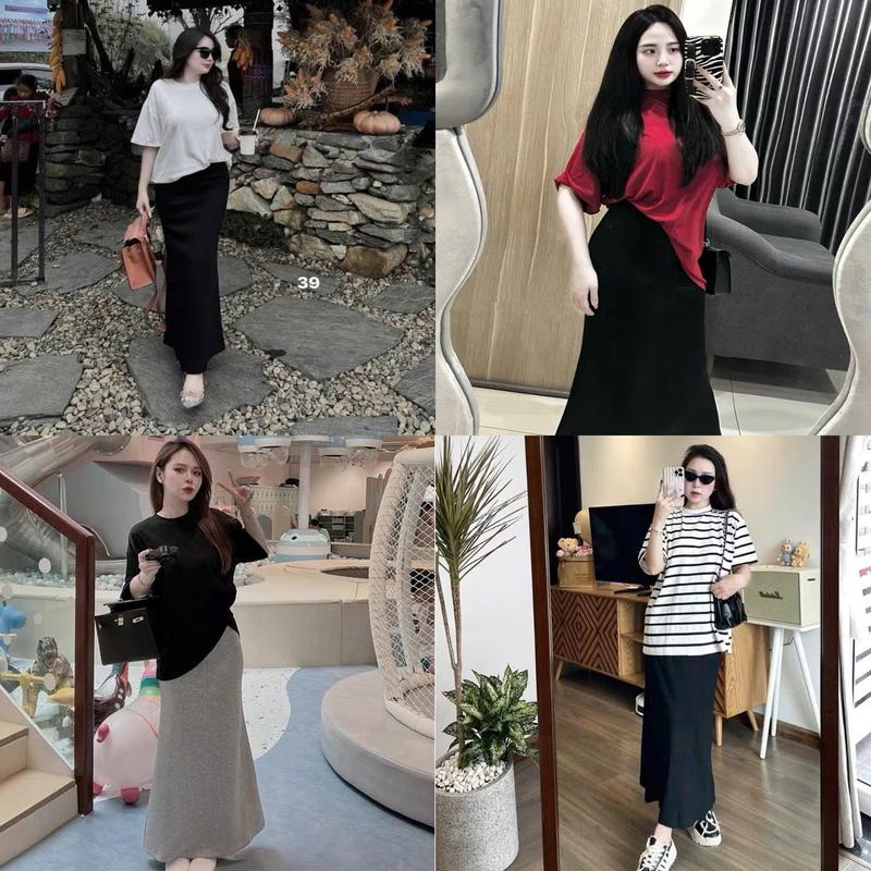 Set Váy Áo Cotton Trơn Thụng Chân Váy Xòe Đuôi Cá Dáng Dài Dress Nữ Top Women MC1112 Kem Kim Tuyến