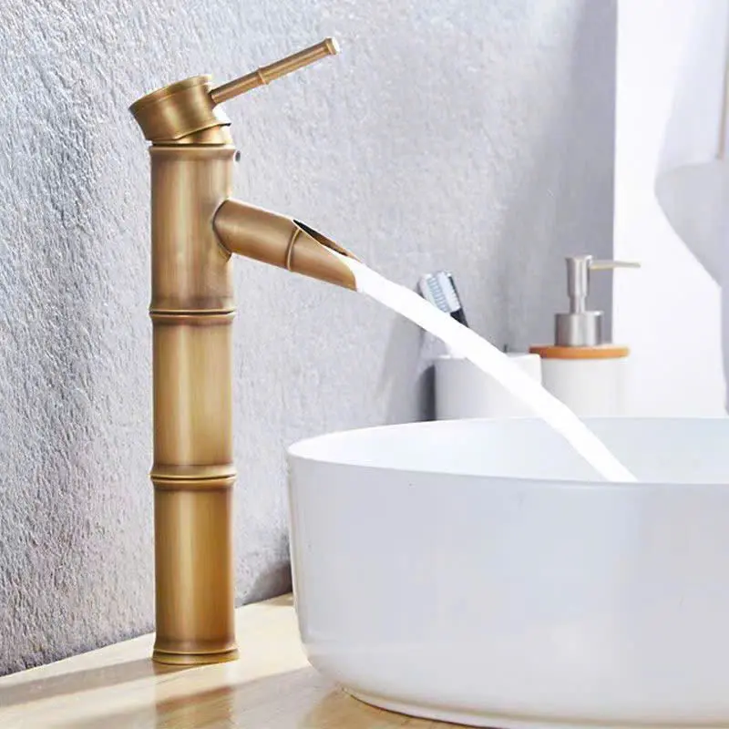 Vòi lavabo nóng lạnh Đồng hình ống trúc, 30cm, giả cổ, sang trọng, tinh tế 2
