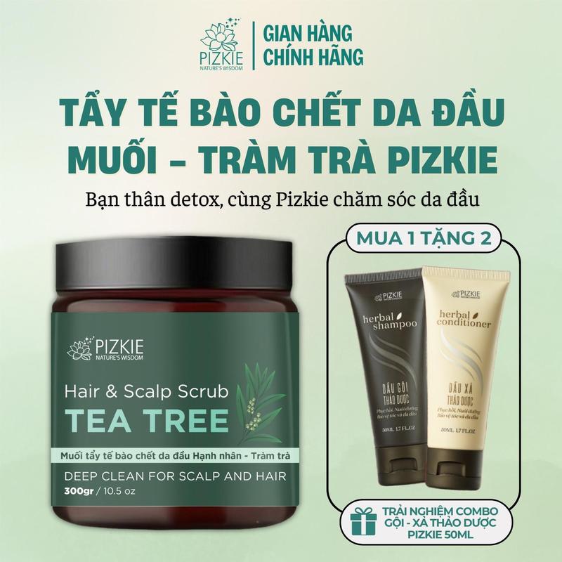 COMBO MUA 1 TẶNG 2 Tẩy tế bào chết da đầu PIZKIE Muối - Tràm Trà Hair Scalp Scrub 300g Hỗ trợ Giảm bết Ngứa Gàu Giảm Rụng Tóc TẶNG Bộ dầu gội - xả thảo dược PIZKIE 50ml kiềm dầu dưỡng ẩm hỗ trợ phục hồi tóc hư tổn mọc tóc Nữ TBC01
