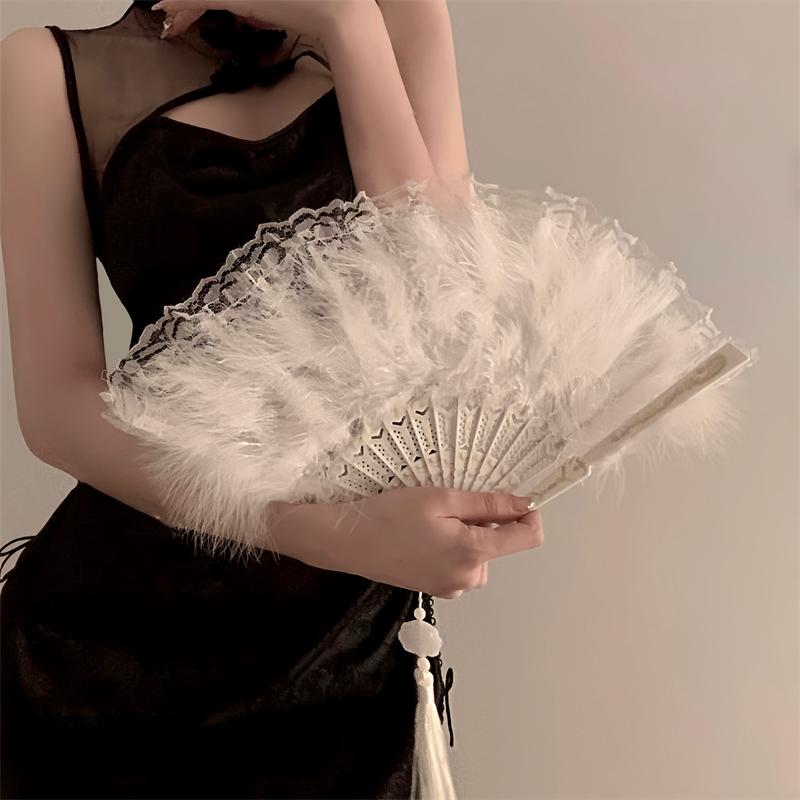 Phụ Kiện Quạt Gấp, Phong Cách Trung Quốc Cổ Điển Sườn Xám Phối Ren Lông Vũ