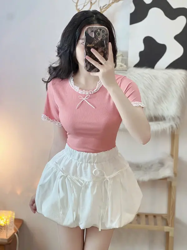 Áo thun nữ cổ vuông , cổ và tay viền ren đính nơ giữa dễ thương 6