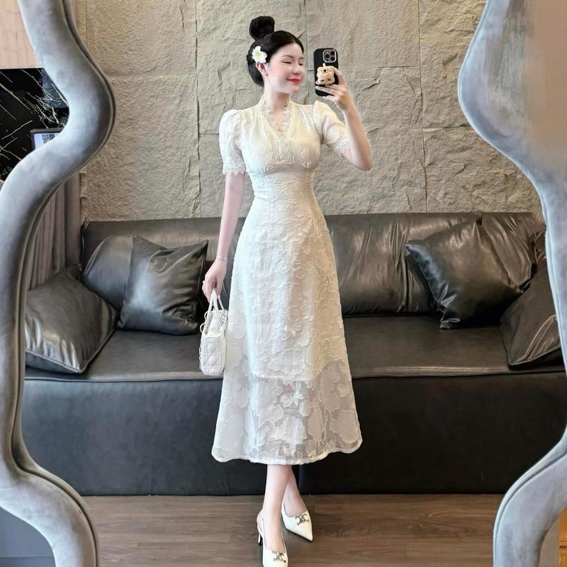 Đầm dự tiệc dáng dài tay ngắn chất ren Ceci sang trọng Nữ Women Dress đầ m ti ệ c _ ưu tiên bộ sưu tập màu vàng thanh lịch váy thường mặc ưu điểm đính viền ren đầy màu sắc s đầm maxi váy dự tiệc