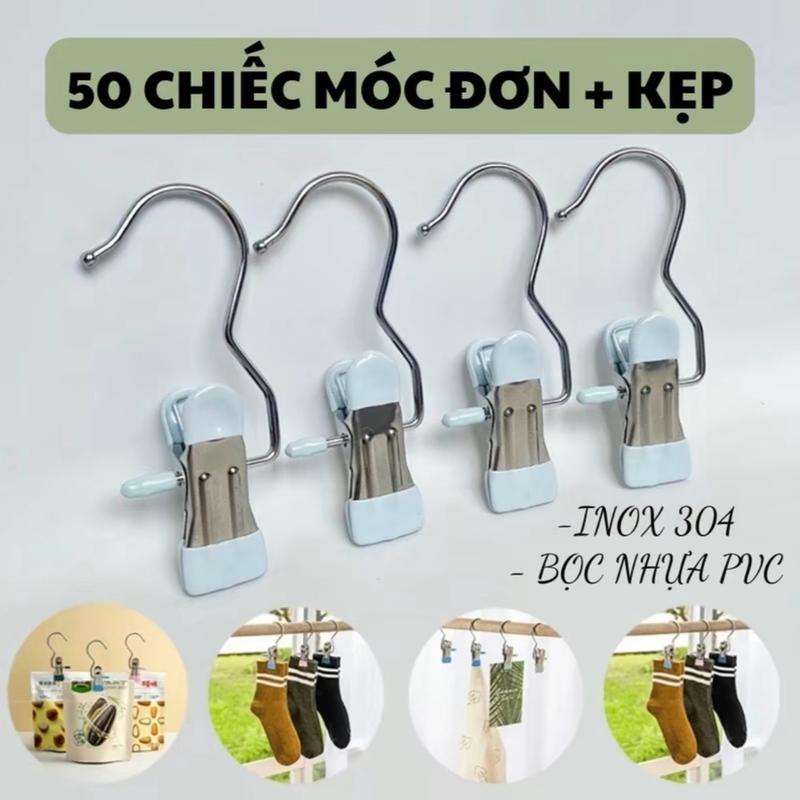 Combo 50 Móc Đơn Treo Đồ Móc Kẹp Đơn Nhỏ Gọn Tiện Lợi Treo Quần Áo, Mũ, Nón ,Tất, Vớ Bằng Inox Bọc Nhựa PVC Chắc Chắn Đa Năng Cotton Có kẹp