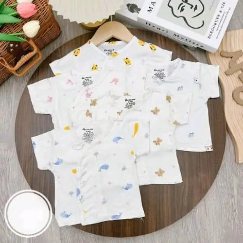 combo 5 Áo Thun Lạnh Ava Sơ Sinh Vạt Lệch Mầu Trắng Họa Tiết, Áo Cộc Tay Thun Lạnh Sơ Sinh 1