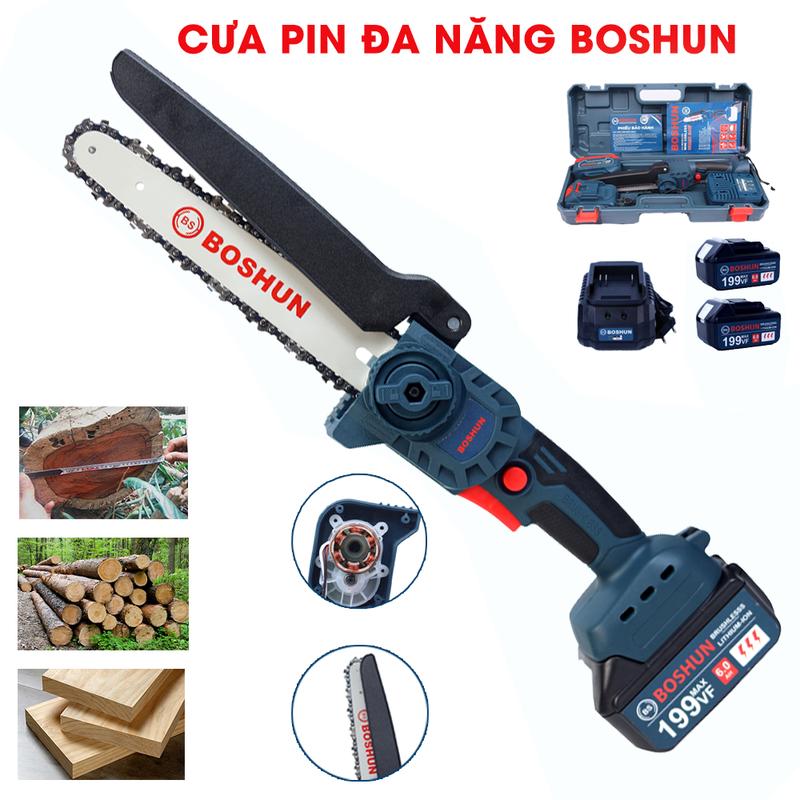 Máy Cưa Xích Dùng Pin BOSHUN - Pin 199v Lưỡi Cắt Sắc Bén, Không Chổi Than, Chân Pin Phổ Thông,