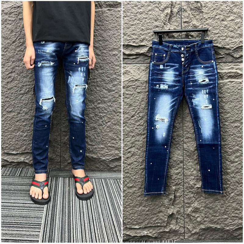 Quần jean nam xanh rách vẩy sơn to bản 1 khuy và 4khuy Menswear Pants