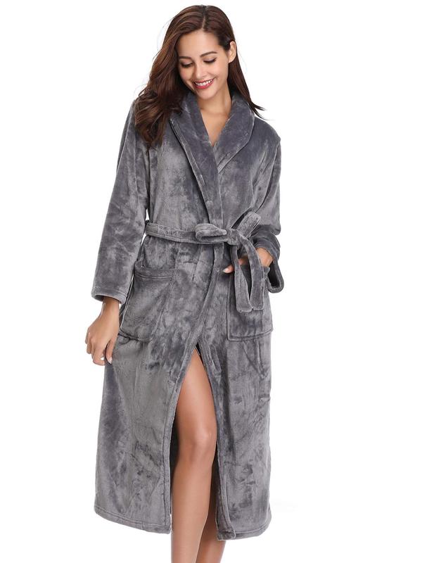 Women's Pocket Belted Shawl Collar Flannel Robe, Casual Long Sleeve Bathrobe Housecoat Dressing, Comfort PJ For Lady, Cold Weather Gear 6