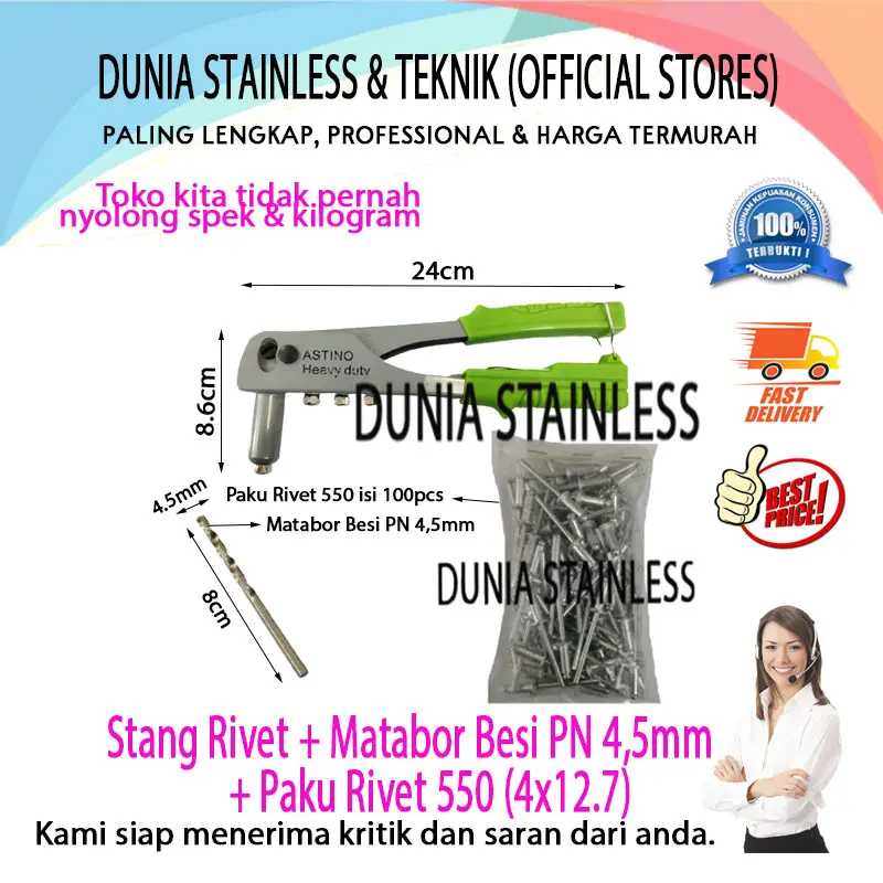 Paku Rivet 550(100pcs)+Stang Rivet+Matabor Besi PN 4,5mm bor paket 0