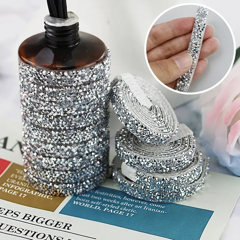 4 Rolls Crystal Resin Rhinestone Ribbons Self-Adhesive Ribbon Roll Glitter Resin Diamond Belt Bling Sparkling Diamond Ribbon Bling Stickers Wrap Crystal Roll for DIY Arts Crafts(Silver, 10mm) 4