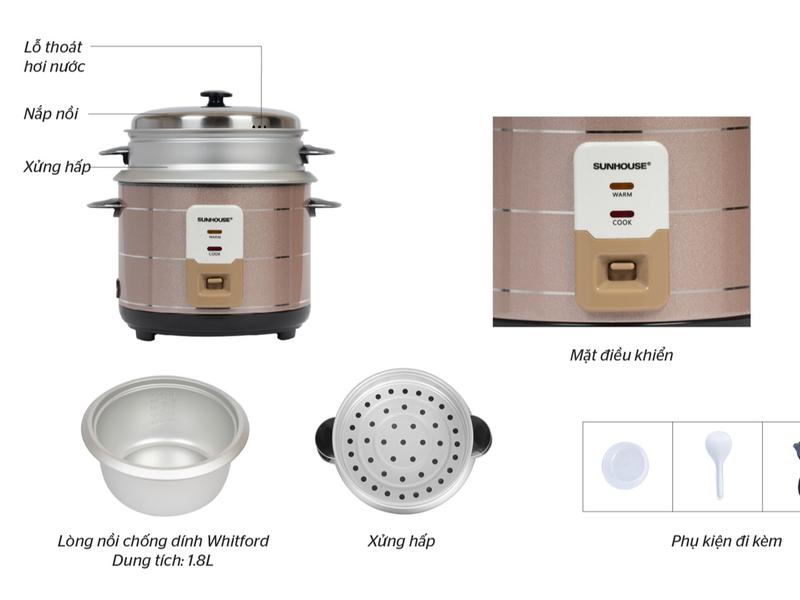 Nồi cơm điện Sunhouse SHD8125, 1.8L, có xửng hấp - Nấu Ăn, Cooker 7