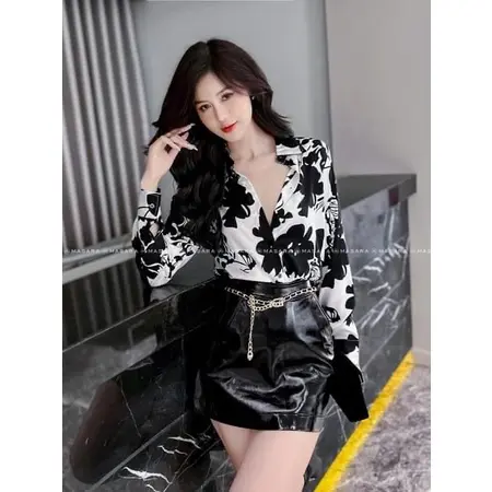 Áo lụa sơ mi nữ dài tay cao cấp công sở họa tiết hoa lá to đen nền trắng, áo sơ mi họa tiết thiết kế NH Boutique