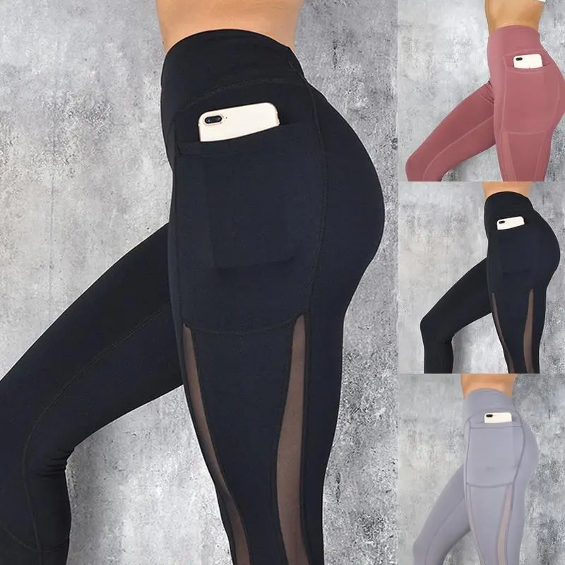 Quần legging thể dục co giãn eo cao dành cho nữ, Thiết kế túi bên thời trang, lưới gạc, mối nối, chạy bộ, Yoga, GYM