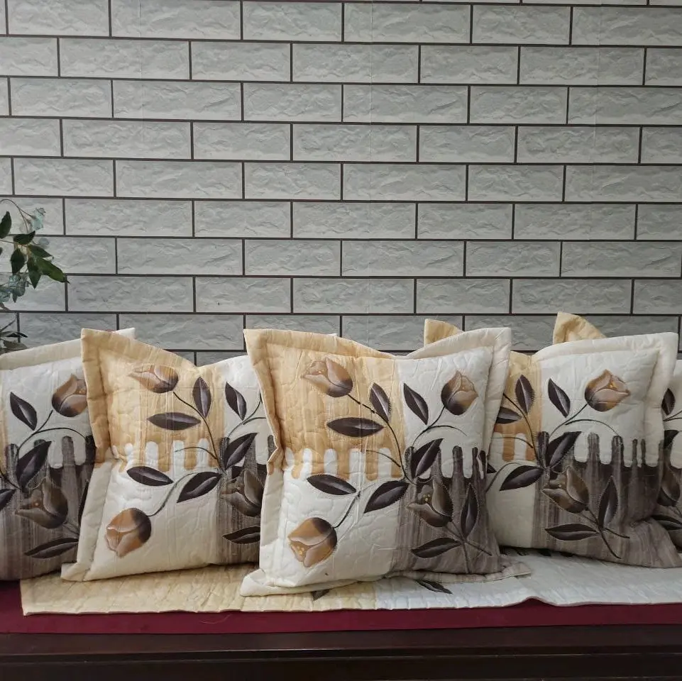 Sarung bantal bordir lukis cream coklat kotak 5 sarung bantal uk.40x40 & uk.45×45 + 1 taplak meja