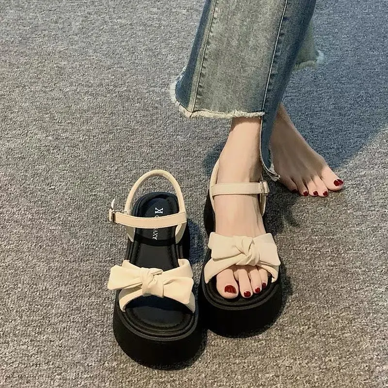 Giày sandal nơ đế xuồng tăng chiều cao 6cm quai da phong cách thời trang mới 2024 đi làm đi choi đi học - DOZIMAX
