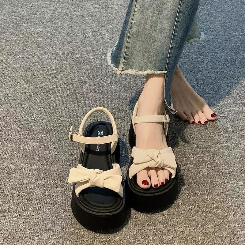 Giày sandal nơ đế xuồng tăng chiều cao 6cm quai da phong cách thời trang mới 2024 đi làm đi choi đi học - DOZIMAX