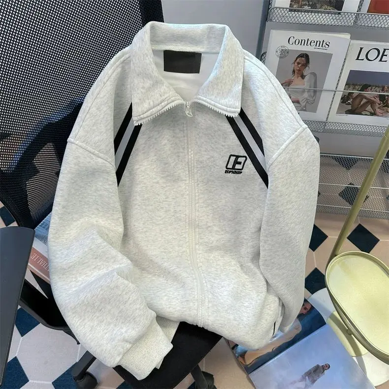 Áo Len Có Khóa Kéo Cổ Chân Đế Polo Màu Xám, Phong Cách Cổ Điển Mỹ, Dành Cho Nữ, Trang Phục Mùa Thu, Thiết Kế Đẹp, Áo Khoác Cardigan Thường Ngày Thể Thao Độc Đáo