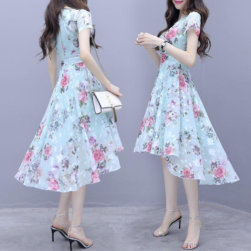 Váy In Hoa, ngắn Tay, Dành Cho Phụ Nữ, Phong Cách Thường Ngày Vừa Vặn Ôm Sát, Váy Lụa Lạnh Không Đối Xứng Cổ Tích Mùa Hè Mới 2024 3