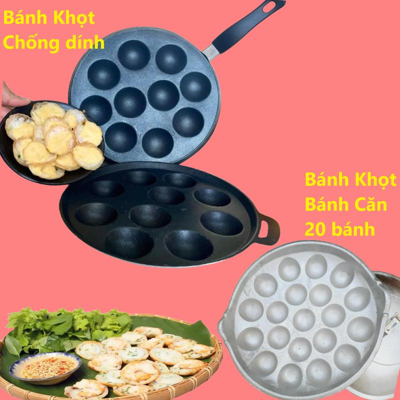 Khuôn Bánh Khọt/ Bánh Trúng Cút Chống Dính Có Tay Cầm nhựa 10 Bánh/ Không có tay cầm 8 Bánh/ Khuôn bánh căn 20 bánh chất liệu Gang không chống dính,