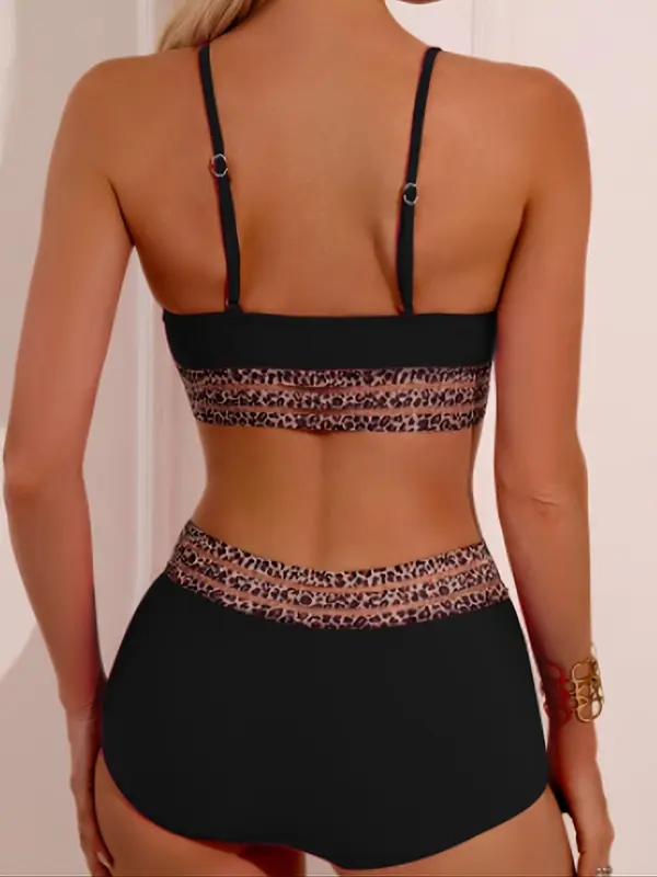 Women's Leopard Print Contrast Mesh Bikini Set, Casual Scoop Neck Swim Cami Top & High Waist Swim Panty Set, Ladies 2024 Trendy Swimwear for Summer 1