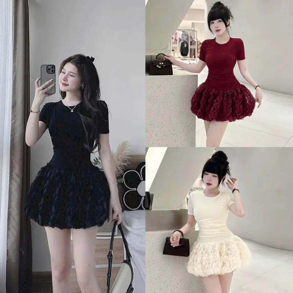 (Có Quần Bảo Hộ) Váy Nữ Ngắn Tay Gợn Sóng Bồng Xếp Tầng Kiểu Hàn Quốc(tặng ghim đính đá)