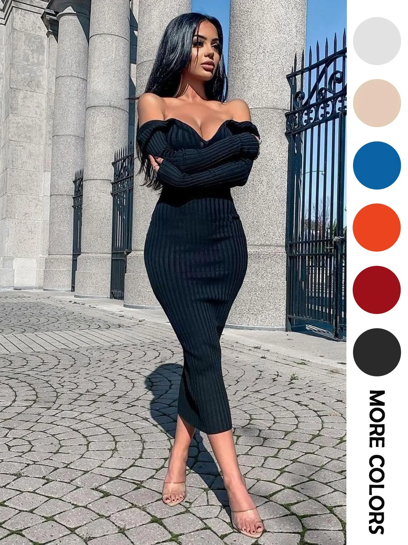 Women's Off Shoulder Backless Bodycon Dress, Solid Color Knitting Midi Dress for Party Club Dating Wear, Women's Clothing for Fall & Winter