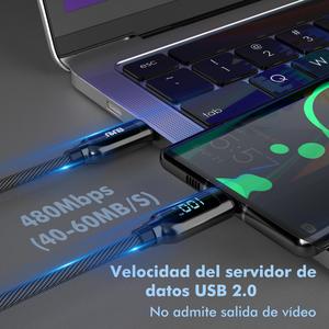 [MA-085-1]Cable de Carga Rápida 3 en 1 de 1 m |   Compatible con iPhone, Tipo-C y V8 |   Trenzado Morado Reforzado OD4.0 |   Potencia 20W-100W |   Súper Resistente y Duradero