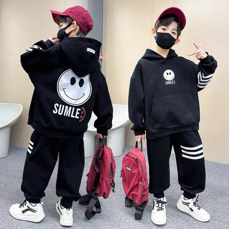 Quần áo bé trai, Bộ thu đông dài tay năm 2024 cho bé trai 17-45kg từ tuổi 4-15 tuổi ,mẫu áo có mũ, in SUMLE :) , chất nỉ da cá mềm mịn dày dặn đường kĩ