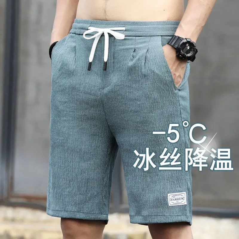 [1719 People Collection] Summer Ice Silk Shorts Men's Thin Sports Quick-Drying Knee Length Pants Loose Straight Casual Pants Beach Large Trunks 12 Pieces