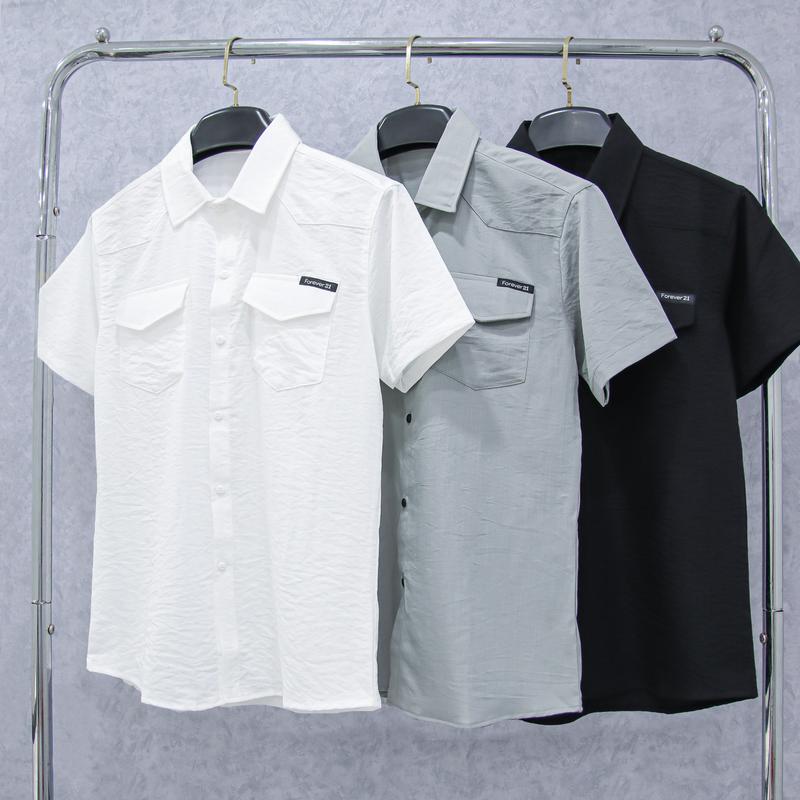 Áo sơ mi nam tay ngắn  boy phố vải đũi co giãn thêu chữ trẻ trung sang trọng mẫu-MỸ LINKSHOP Menswear Shirt Tre Kate Cổ Tròn sơ  mi  trắng  tay  ngắn