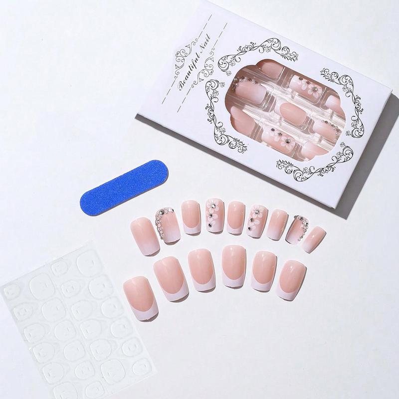 Colorblock Flower Pattern Press on Fake Nail for Women & Girls Nail Art, 24pcs Rhinestone Decor Fashion Press on Nails & 1 Sheet Tape & 1 Count Nail File, Elegant Stick on Nails Kit for Women's Gift 2