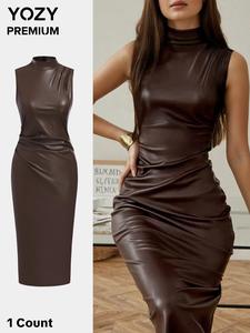 YOZY Women's Solid Ruched Zipper Back PU Leather Dress, Fashion Casual Mock Neck Sleeveless Dress for Daily Outdoor Wear, Women Dress for All Seasons