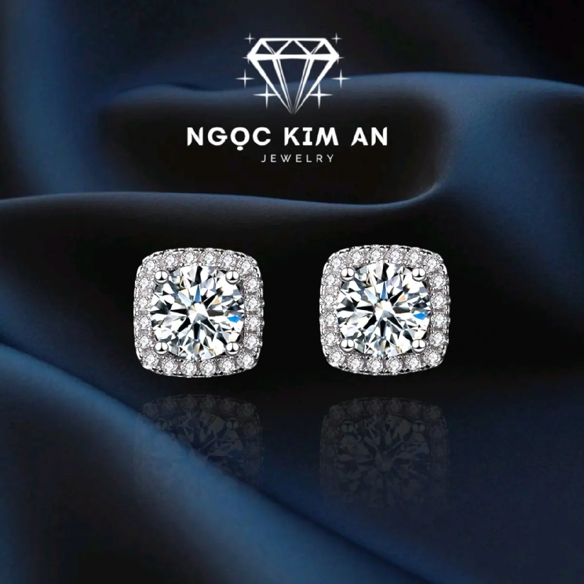 Bông Tai Bạc S950 HALO Vuông Nam Nữ - Ngọc Kim An Jewelry