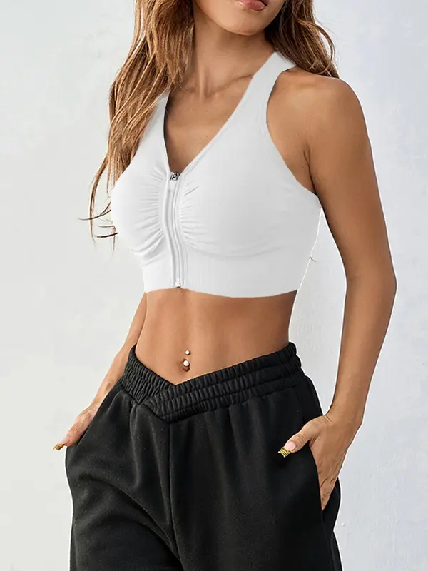 Women's Solid Ruched Cut Out Zipper Front Crop Sports Vest, Casual Comfortable Breathable V Neck Sleeveless Cropped Sports Top for Yoga Gym Workout Running, Ladies Sportswear Clothing for Indoor Outdoor Training Wear, Tennis Attire, Tops for Women 8