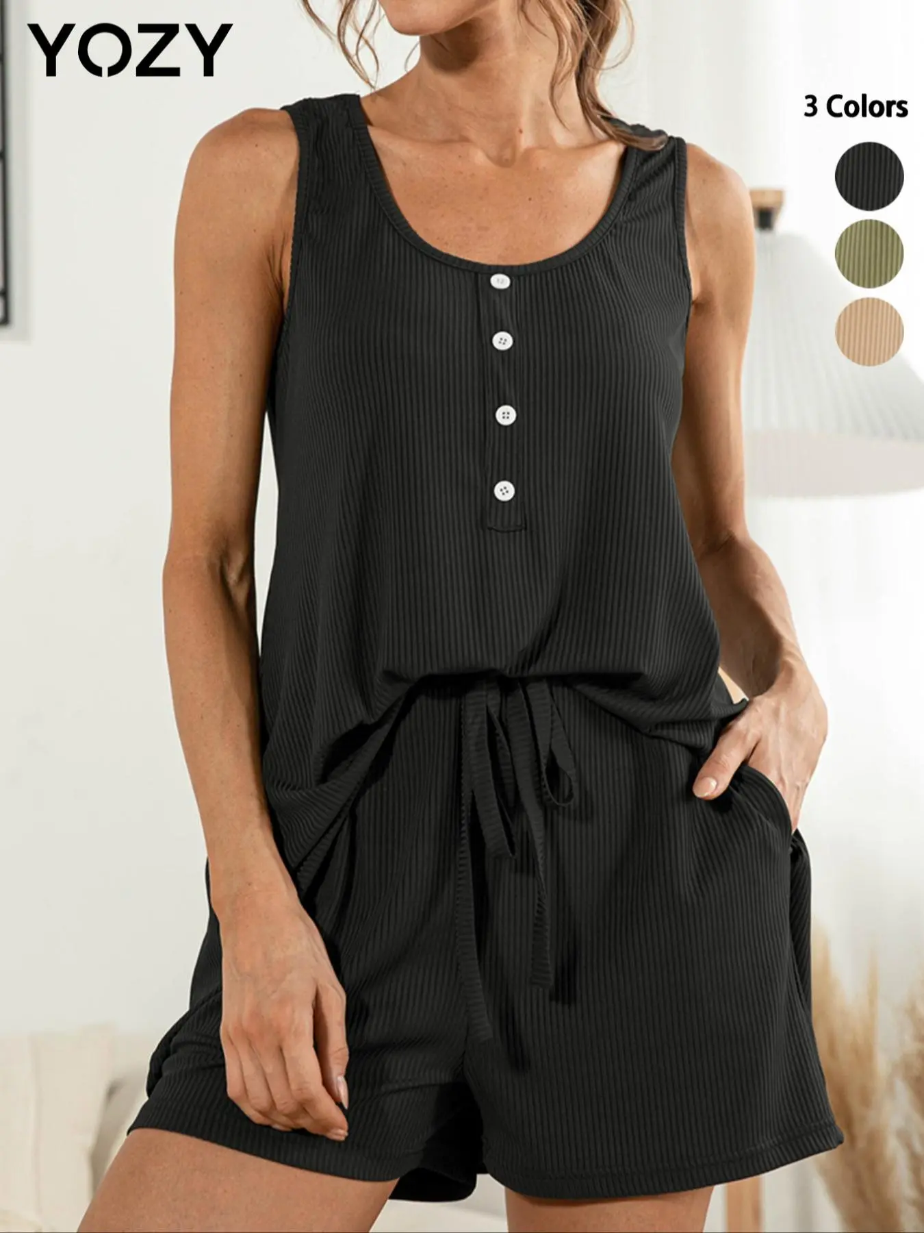 YOZY Two-Piece Set Women's Solid Button Tank Top & Shorts, Casual Sleeveless Top & Shorts for Spring, Ladies Clothes for Daily Wear