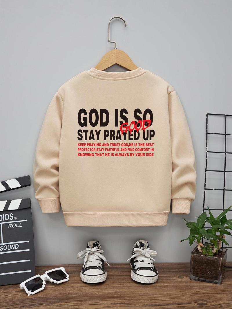 Product Introduction of Boy's Letter Print Round Neck Thermal Lined Sweatshirt, Casual Long Sleeve Crew Neck Pullover for Fall & Winter, Kids Clothes for Daily Wear 4