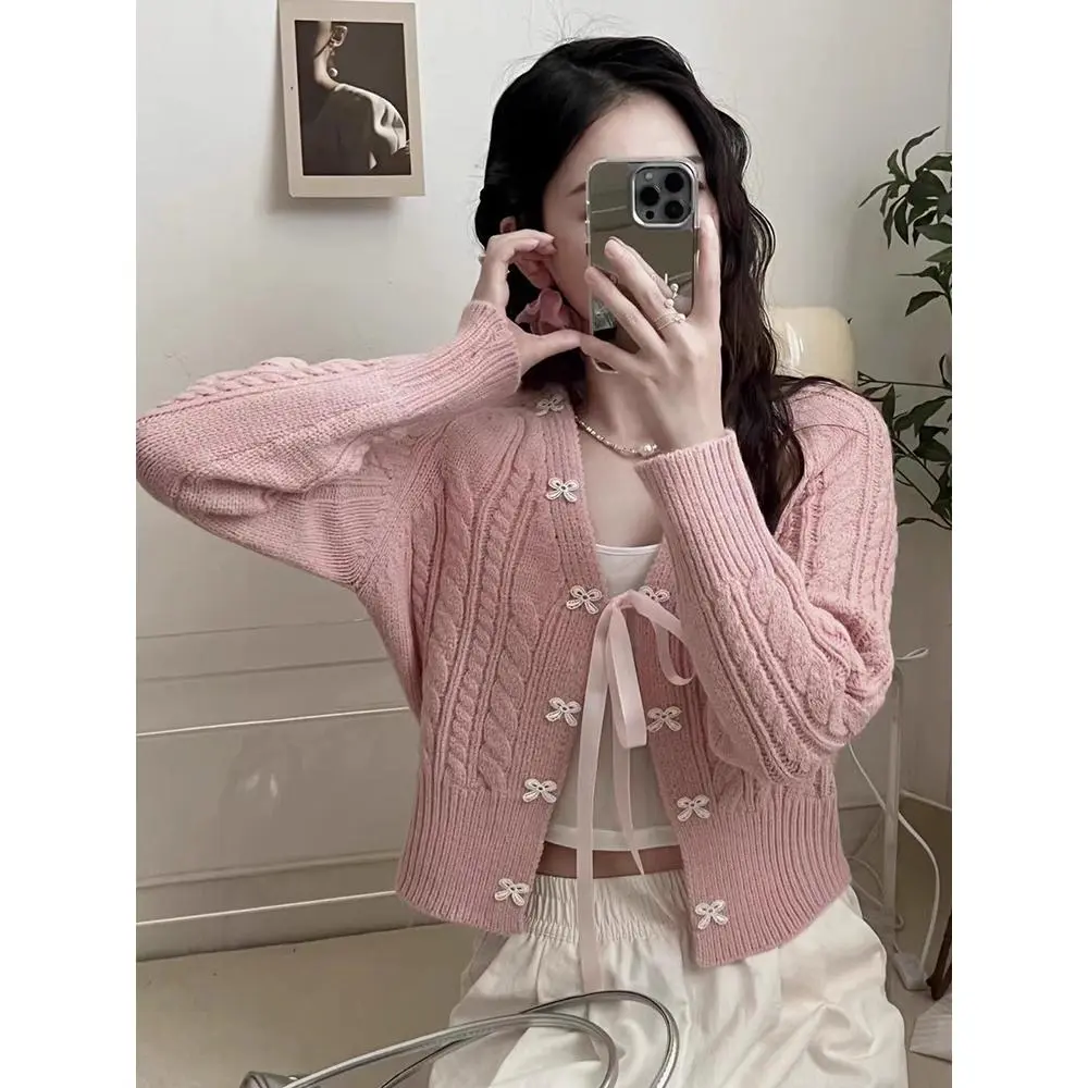 Korean Bow Knitted Cardigan Women's Autumn Clothing New Retro Minority Design Sweater Coat Top