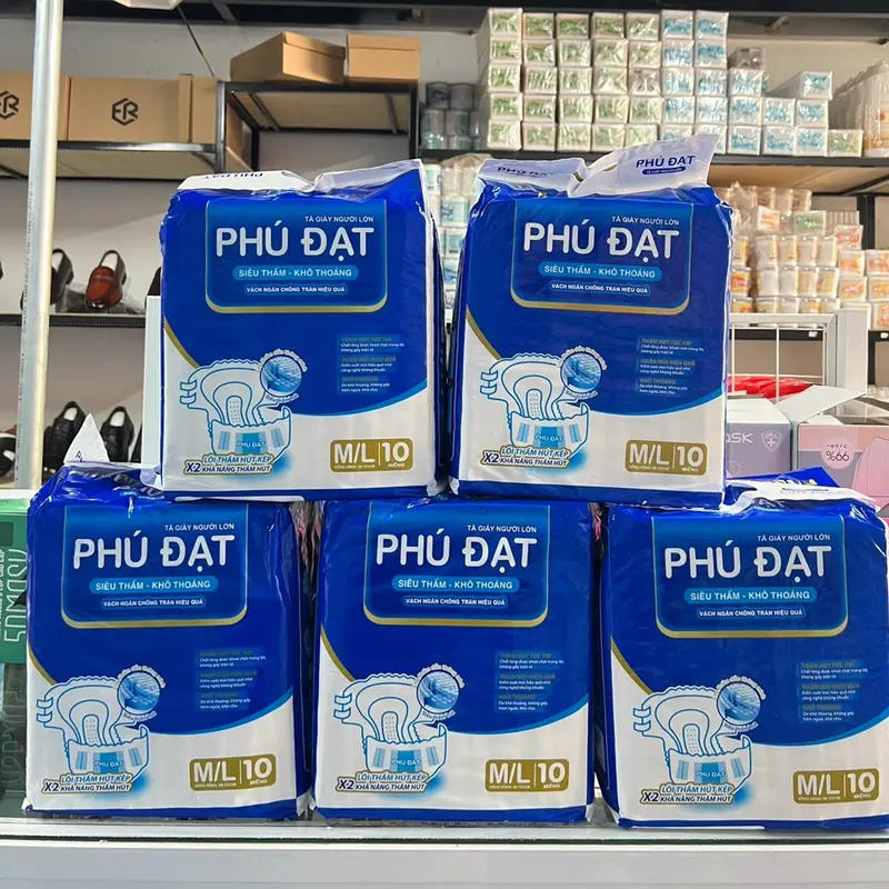 ComBo 5 bịch /50 miếng - Tã Bỉm Dán Người Già PHÚ ĐẠT sz:M/L Vòng eo : 68-122cm .Có vách ngăn chống tràn Kép , rãnh thấm hút kim cương  . 5