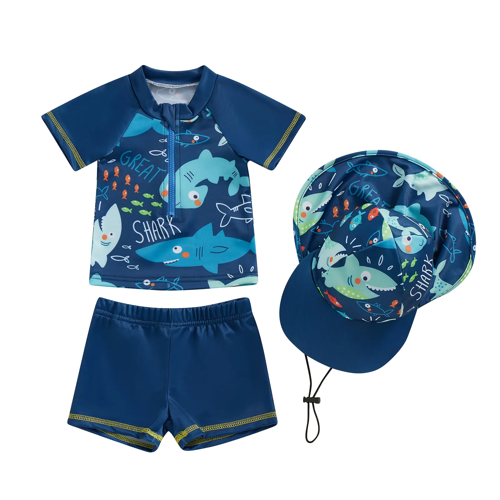 3Pcs Baby Kids Boys Rash Guard Set Short Sleeve Shark Dolphin Print Top with Shorts Hat Swimsuit Summer Swimwear