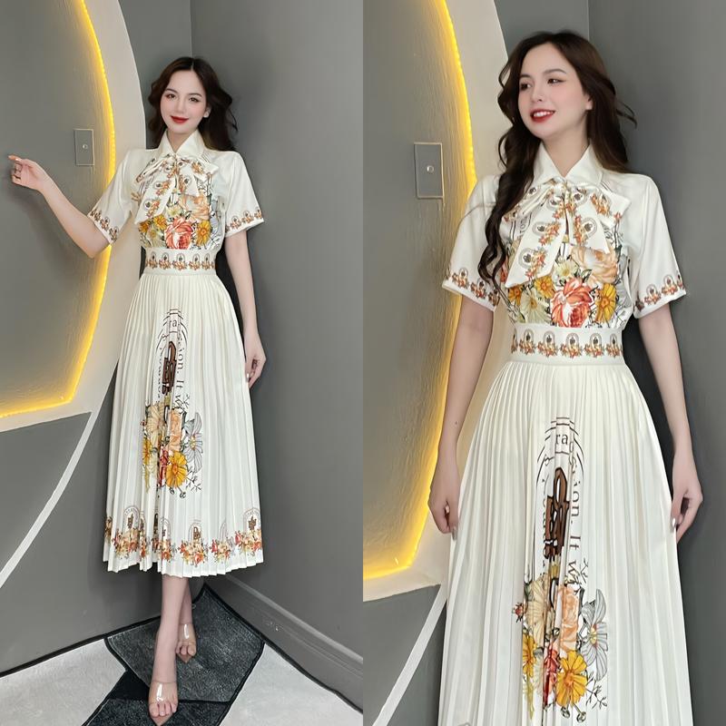 T520 set thiết kế in hoa áo phối chân váy ( kèm dây nơ ) - Thanh Tự