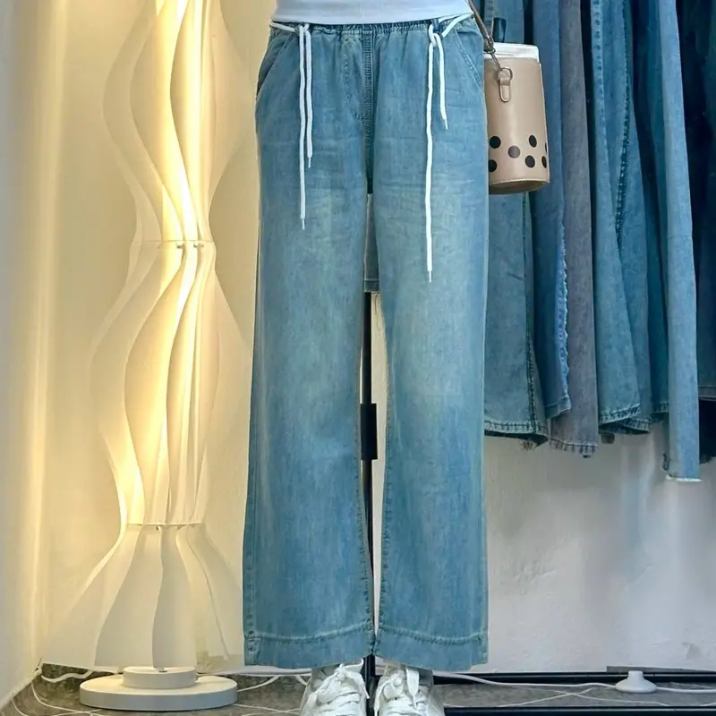 Quần jeans nữ ống rộng cạp chun co giãn hàng QC