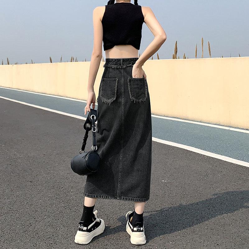Split Denim Skirt Women's Summer New A- line High Waist Slimming Mid-Length Frayed Hot Girl Hip Skirt 4
