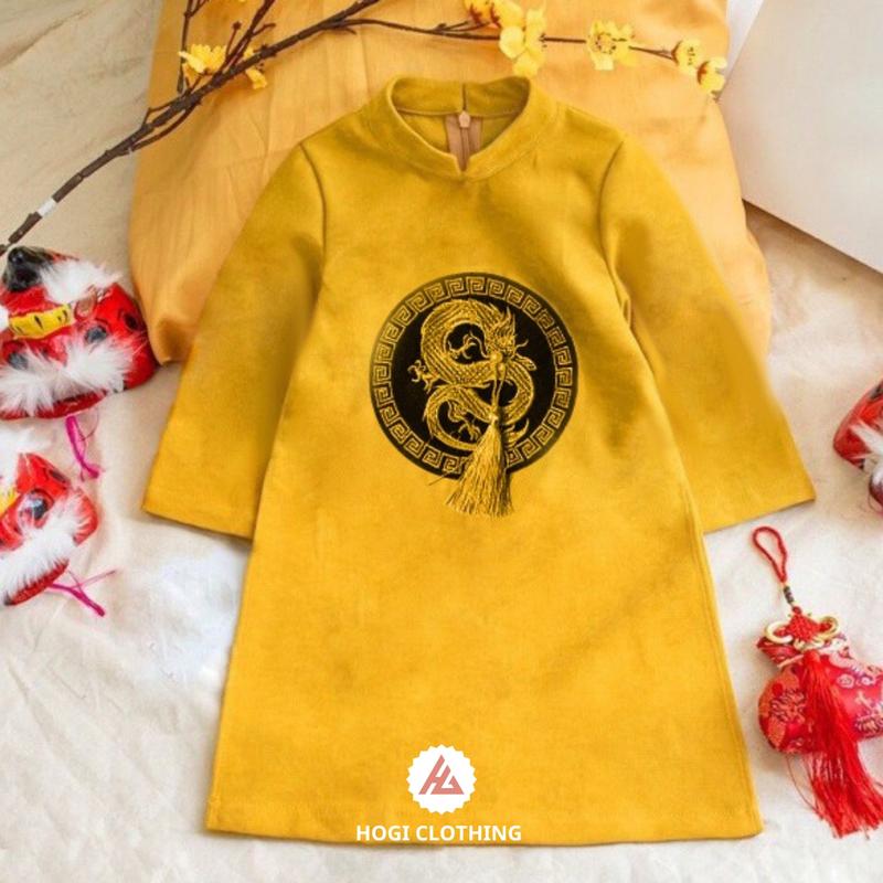 Áo dài bé trai màu vàng thêu rồng tròn chất liệu nhung tăm cao cấp, áo dài tết đủ size - Hogi clothing