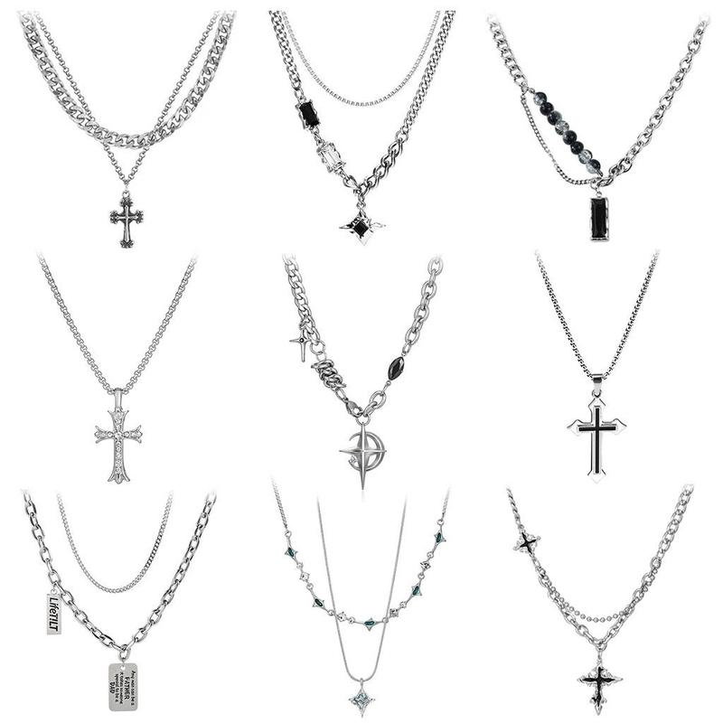Vòng cổ Màu bạc nhiều lớp, unisex, Y2k, Hip Hop Titan Chain Jewelry Trang Sức Dây Chuyền