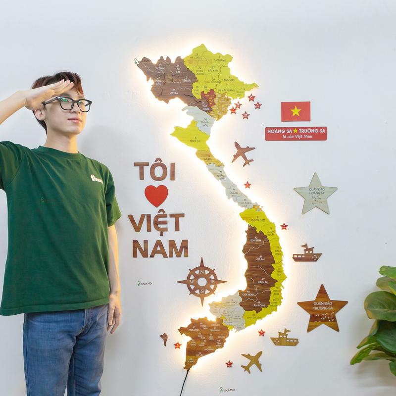 Bản Đồ Gỗ Việt Nam Đầy đủ Quần đảo Hoàng Sa và Quần đảo Trường Sa phiên bản Đèn LED Decor Treo Tường Trang Trí Dán Tường Phòng Khách, Nhà Cửa, Công Ty, Bàn Làm Việc, Trường Học, Cơ Quan, Văn Phòng Bách Mộc + Đồng  hồ Trang Trí Nhà